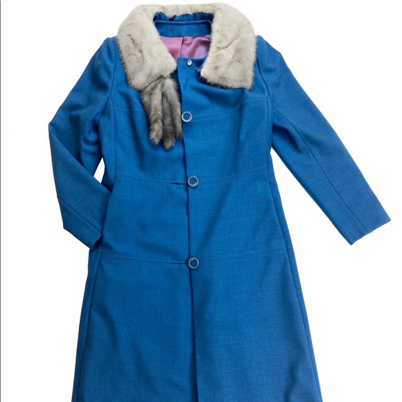 DEEP DENIM TEAL BLUE VINTAGE SIXTIES MODERN COAT with BEAUTIFUL GREY FOX COLLAR - Picture 2 of 4